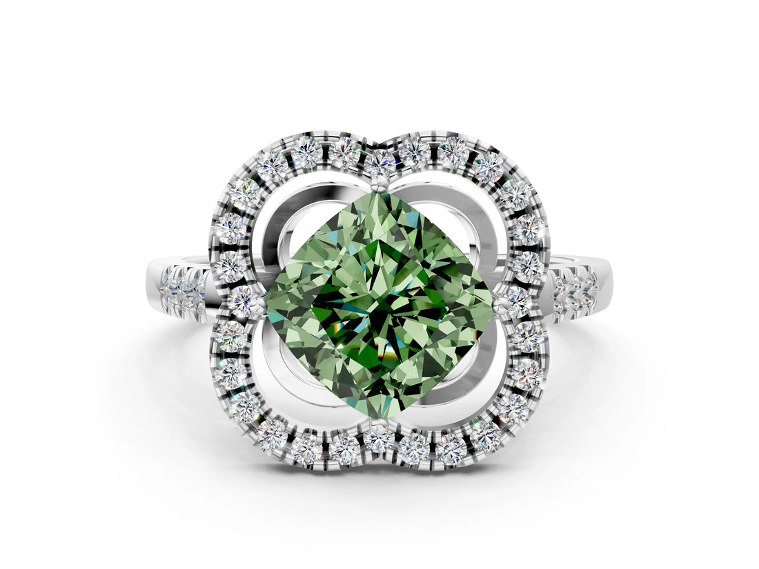 Platinum Fancy Green Cushion Cut Diamond Floral Halo Split Shank Prong Setting Ring_24