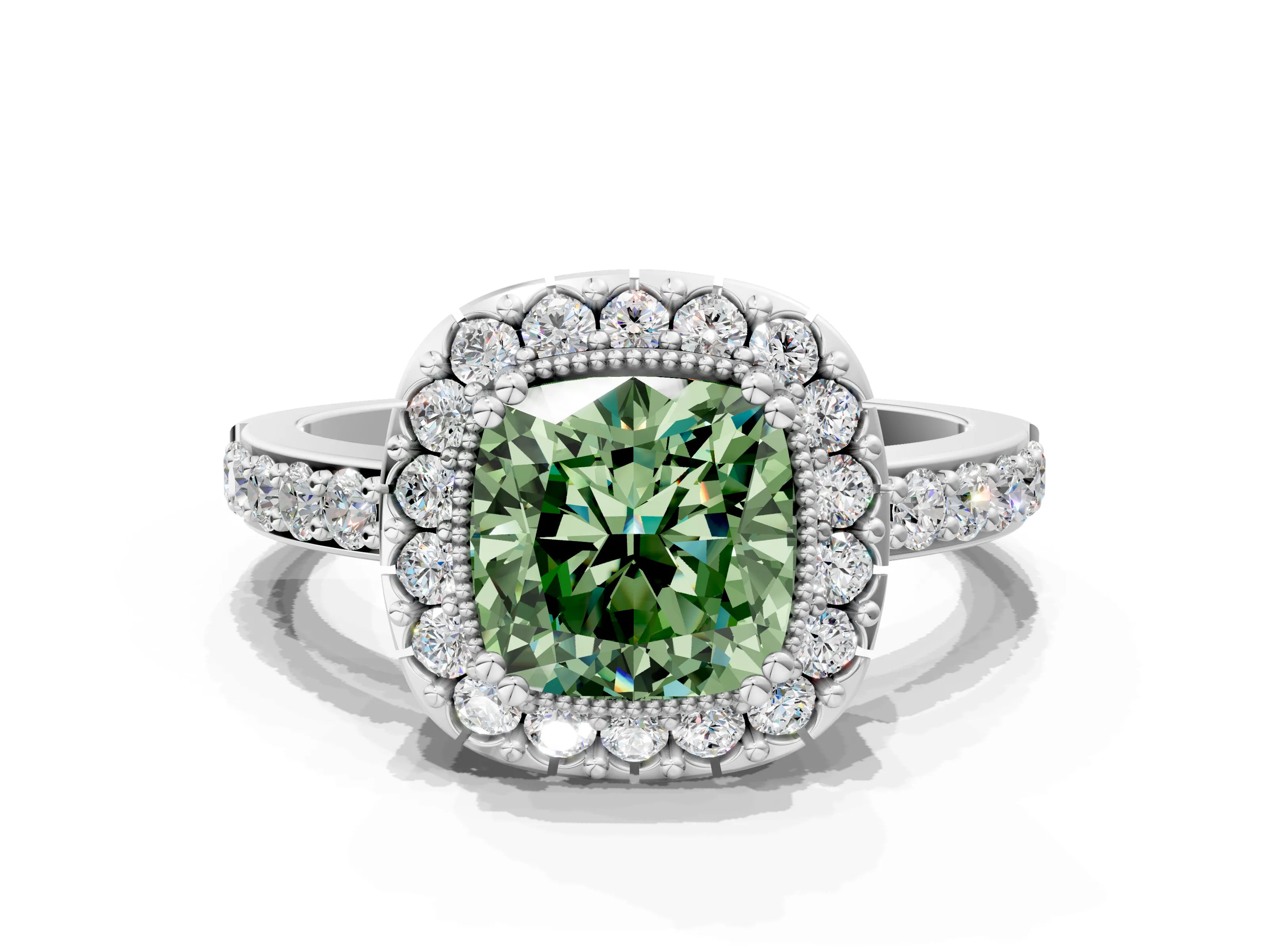 Platinum Fancy Green Cushion Cut Diamond Halo Ring with Pavé Band and Prong Setting_12