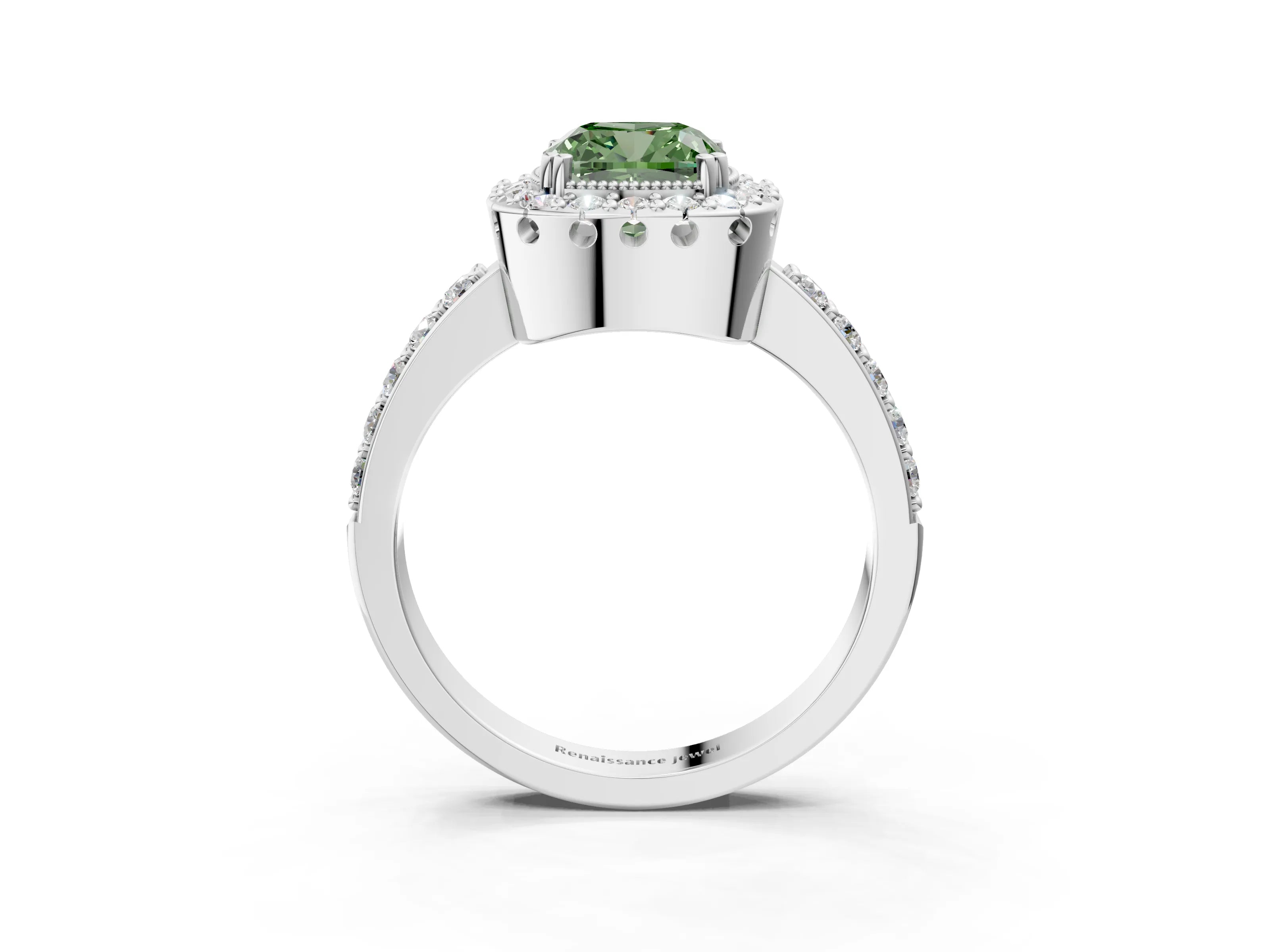 Platinum Fancy Green Cushion Cut Diamond Halo Ring with Pavé Band and Prong Setting_21
