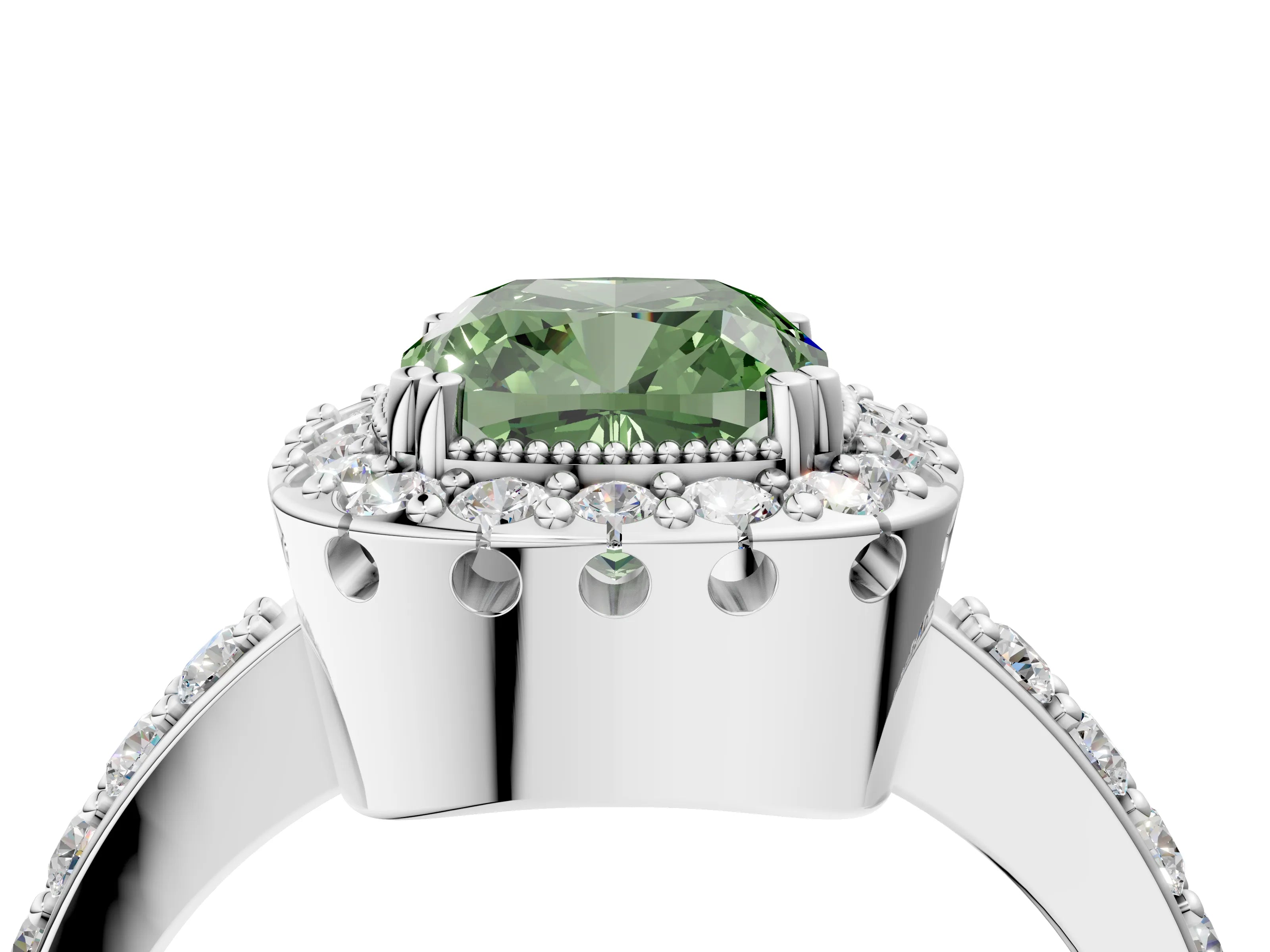 Platinum Fancy Green Cushion Cut Diamond Halo Ring with Pavé Band and Prong Setting_22