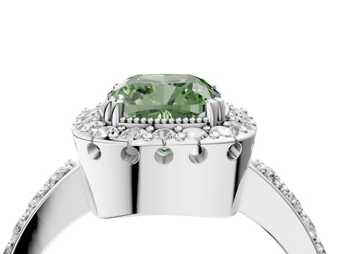 Platinum Fancy Green Cushion Cut Diamond Halo Ring with Pavé Band and Prong Setting_22
