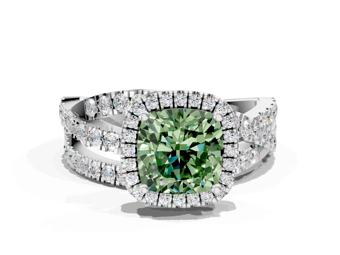 Platinum Fancy Green Cushion Cut Diamond Halo Ring with Round Split Shank and Prong Setting