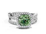 Platinum Fancy Green Cushion Cut Diamond Halo Ring with Round Split Shank and Prong Setting