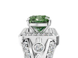 Platinum Fancy Green Cushion Cut Diamond Halo Ring with Split Shank and Bezel Accents and Four-Prong Setting_11