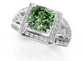 Platinum Fancy Green Cushion Cut Diamond Halo Ring with Split Shank and Bezel Accents and Four-Prong Setting_7