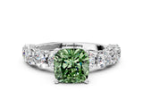 Platinum Fancy Green Cushion Cut Diamond Side Stone Engagement Ring with Four-Prong Setting_12