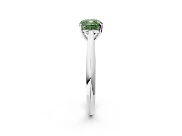 Platinum Fancy Green Cushion Cut Diamond Solitaire Engagement Ring with Cathedral Setting and Four-Prong Mount