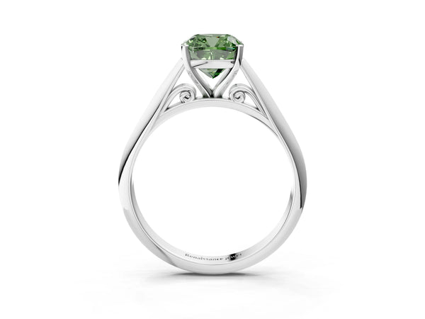 Platinum Fancy Green Cushion Cut Diamond Solitaire Engagement Ring with Cathedral Setting and Four-Prong Mount