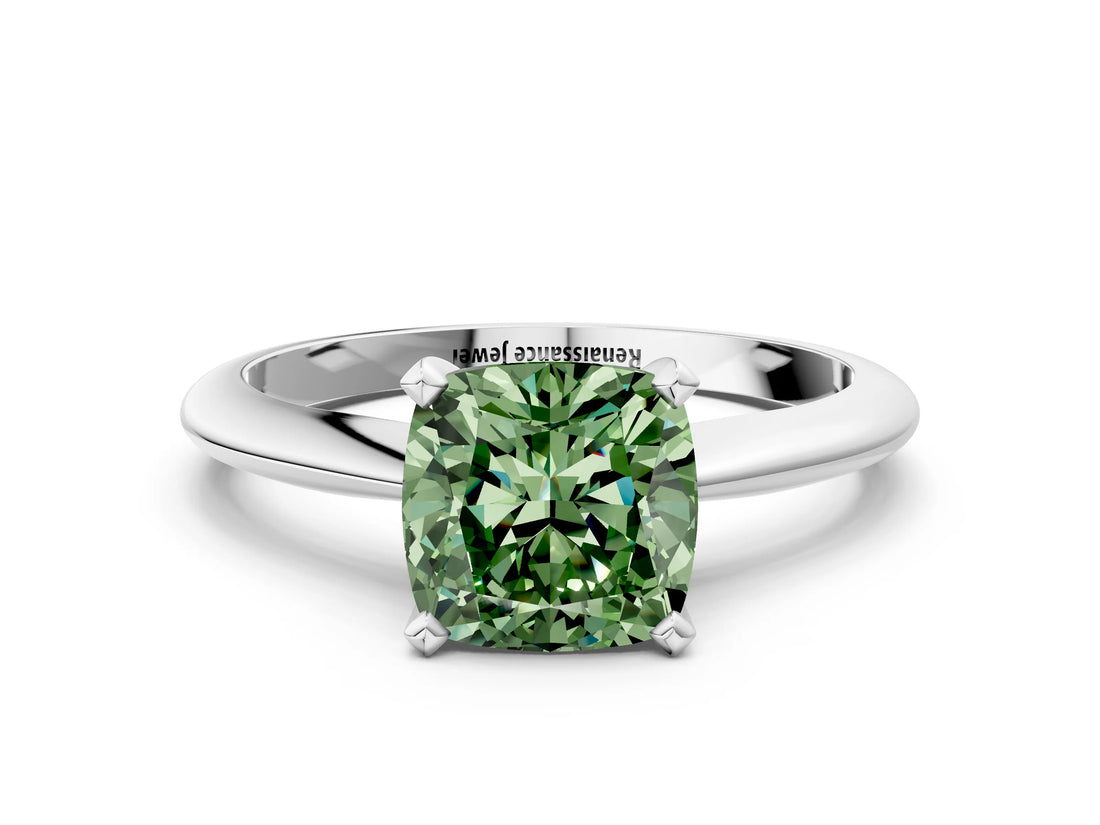 Platinum Fancy Green Cushion Cut Diamond Solitaire Engagement Ring with Classic Band and Four-Prong Setting_12