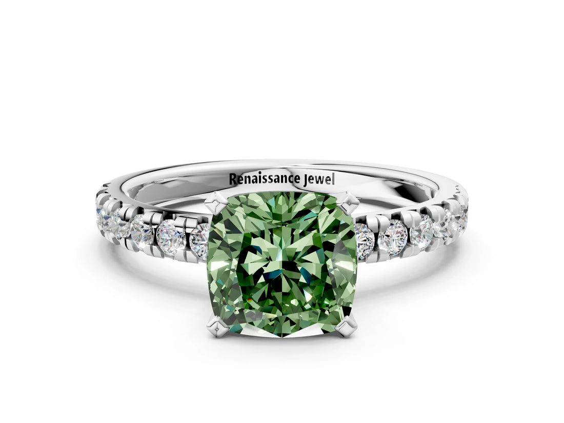 Platinum Fancy Green Cushion Cut Diamond Solitaire Pavé Engagement Ring with Round Band and Prong Setting_2