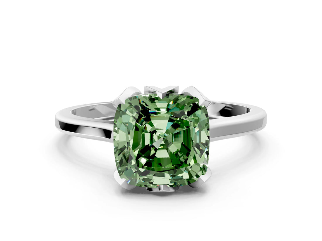 Platinum Fancy Green Cushion Cut Diamond Solitaire Ring with Flower Prong Setting and Classic Band