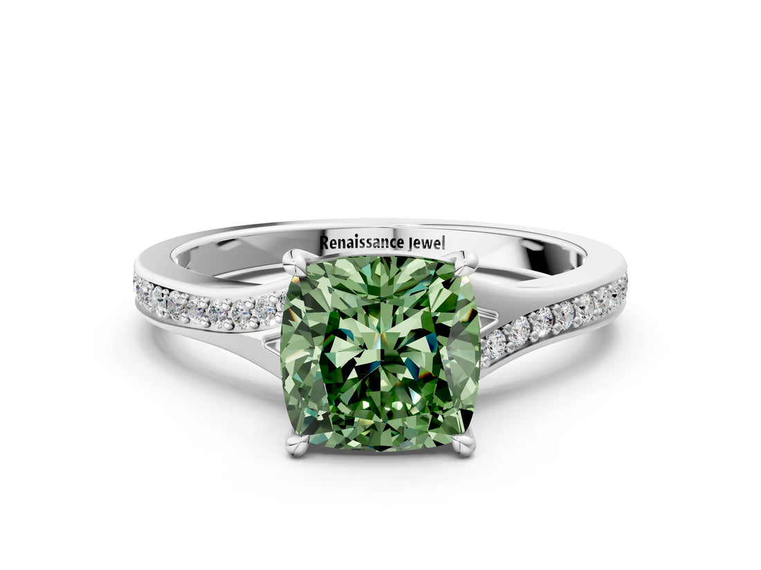 Platinum Fancy Green Cushion Cut Diamond Solitaire Ring with Pavé Band and Prong Setting_12