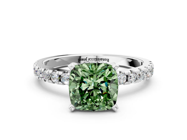 Platinum Cushion Cut Hidden Halo Solitaire Engagement Ring Setting for Fancy Green Center with Single Row Pave Band