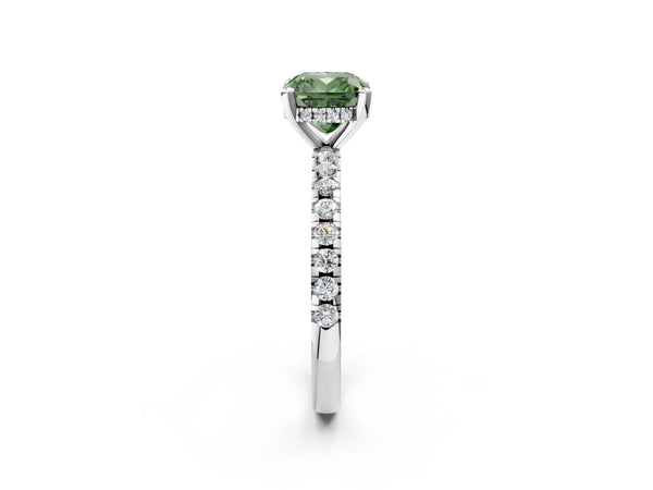 Platinum Cushion Cut Hidden Halo Solitaire Engagement Ring Setting for Fancy Green Center with Single Row Pave Band