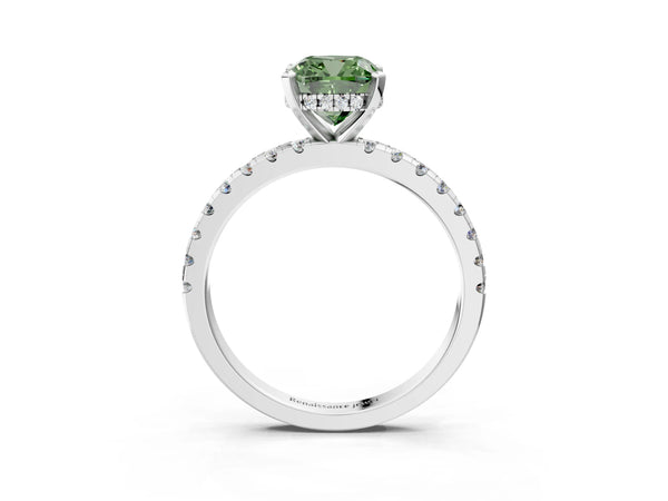 Platinum Cushion Cut Hidden Halo Solitaire Engagement Ring Setting for Fancy Green Center with Single Row Pave Band