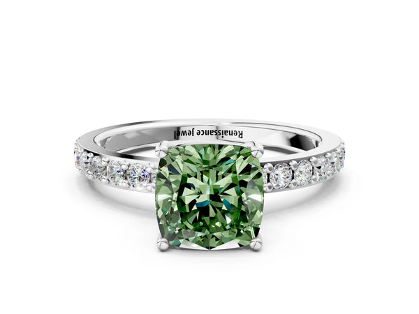 Platinum Fancy Green Cushion  Cut Diamond Solitaire with Pave Band and Four-Prong Setting