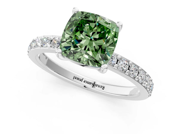 Platinum Fancy Green Cushion  Cut Diamond Solitaire with Pave Band and Four-Prong Setting