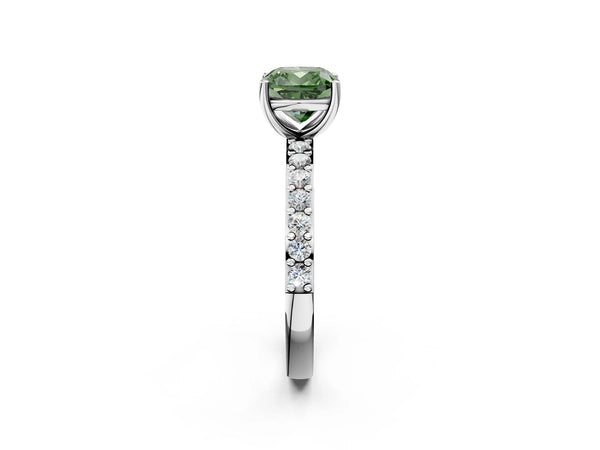Platinum Fancy Green Cushion  Cut Diamond Solitaire with Pave Band and Four-Prong Setting