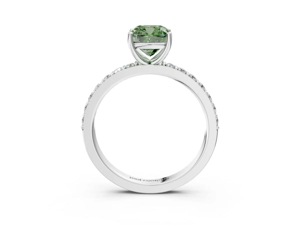 Platinum Fancy Green Cushion  Cut Diamond Solitaire with Pave Band and Four-Prong Setting