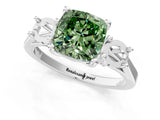 Platinum Fancy Green Cushion Cut Diamond Three-Stone Engagement Ring with Prong Setting and Pavé Band_13