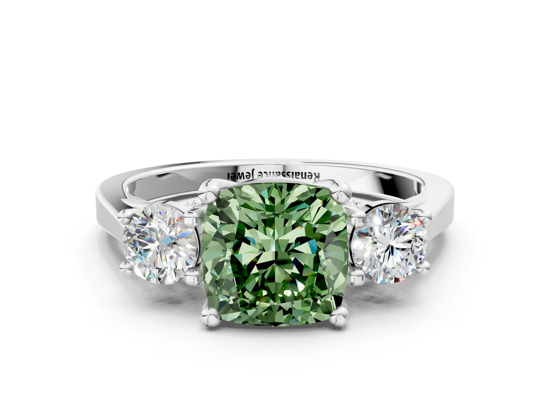 Platinum Fancy Green Cushion Cut Diamond Three-Stone Engagement Ring with Prong Setting and Pavé Band_36
