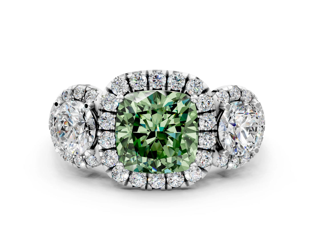 Platinum Fancy Green Cushion Cut Diamond Three-Stone Halo Ring with Prong Setting and Pavé Accents_6