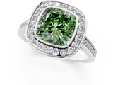 Platinum Fancy Green Cushion Cut Halo Bezel Diamond Pave Band Ring_7