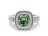 Platinum Fancy Green Cushion Cut Halo Diamond Ring with Beaded Split Shank and Four-Prong Setting_6