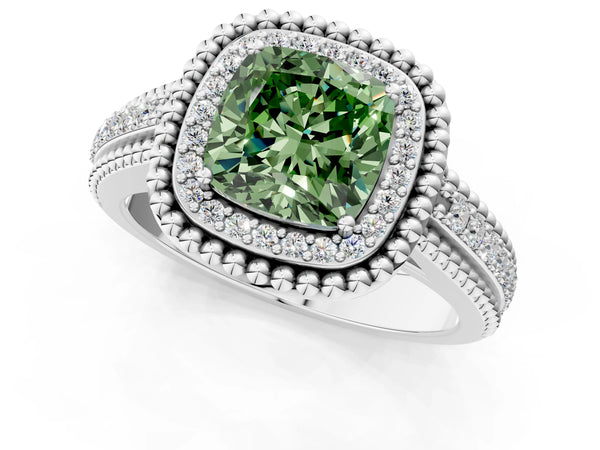 Platinum Cushion Cut Beaded Halo Engagement Ring Setting for Fancy Green Center with Pave