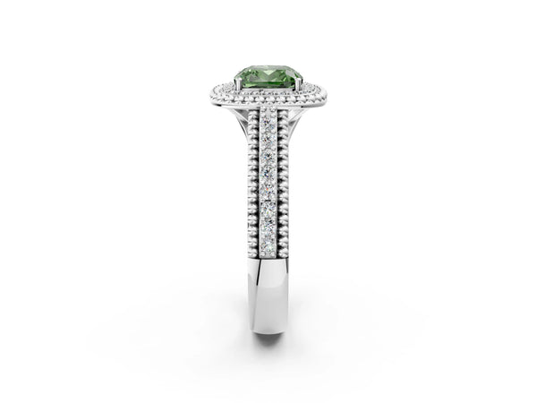 Platinum Cushion Cut Beaded Halo Engagement Ring Setting for Fancy Green Center with Pave
