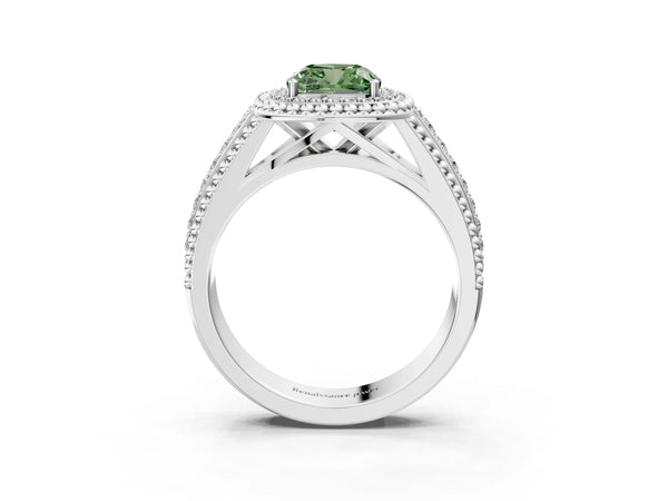 Platinum Cushion Cut Beaded Halo Engagement Ring Setting for Fancy Green Center with Pave