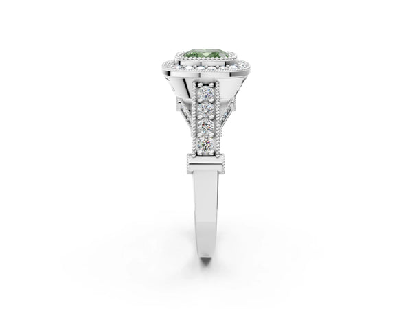 Platinum Cushion Cut Vintage Bezel Halo Engagement Ring Setting for Fancy Green Center