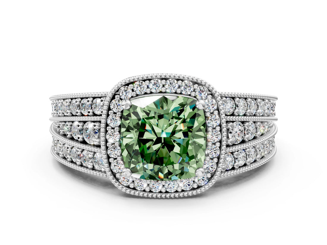Platinum Fancy Green Cushion Cut Halo Diamond Split Shank Ring with Prong Setting_12