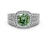 Platinum Fancy Green Cushion Cut Halo Diamond Split Shank Ring with Prong Setting_12