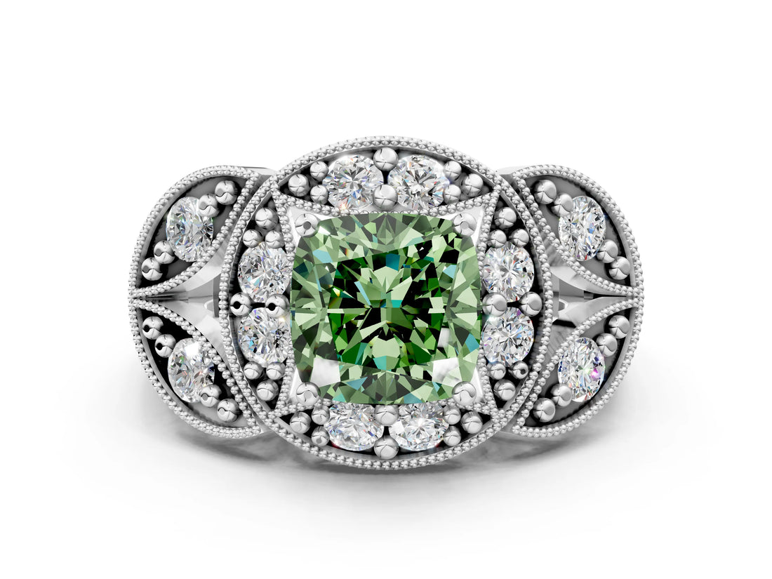 Platinum Fancy Green Cushion Cut Halo Milgrain Diamond Engagement Ring with Leaf Band and Four-Prong Setting_12