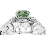 Platinum Fancy Green Cushion Cut Halo Milgrain Diamond Engagement Ring with Leaf Band and Four-Prong Setting_16