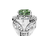 Platinum Fancy Green Cushion Cut Halo Milgrain Diamond Engagement Ring with Leaf Band and Four-Prong Setting_17