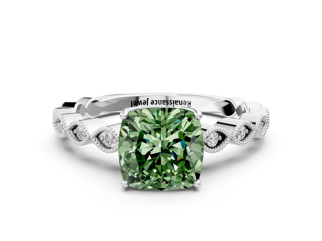 Platinum Fancy Green Cushion Cut Solitaire Diamond Ring with Infinity Twist Band and Four-Prong Setting_84