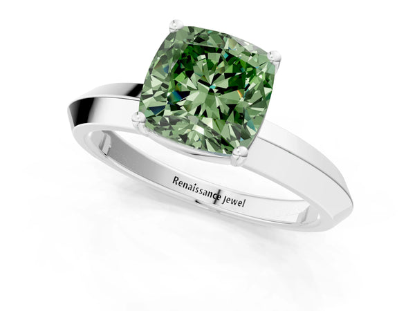 Platinum Fancy Green Cushion  Cut Solitaire Engagement Ring with Flat Band and Four-Prong Setting