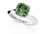 Platinum Fancy Green Cushion  Cut Solitaire Engagement Ring with Flat Band and Four-Prong Setting 3