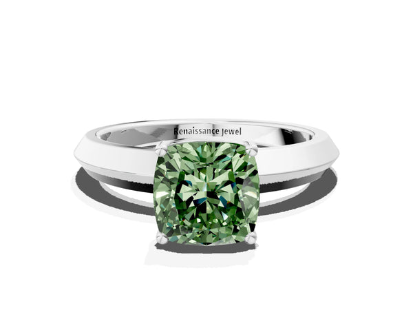 Platinum Fancy Green Cushion  Cut Solitaire Engagement Ring with Flat Band and Four-Prong Setting