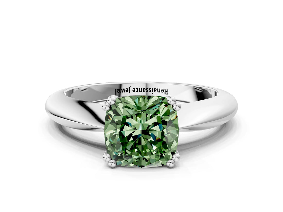 Platinum Fancy Green Cushion  Cut Solitaire Engagement Ring with Tapered Band and Four-Prong Setting 2