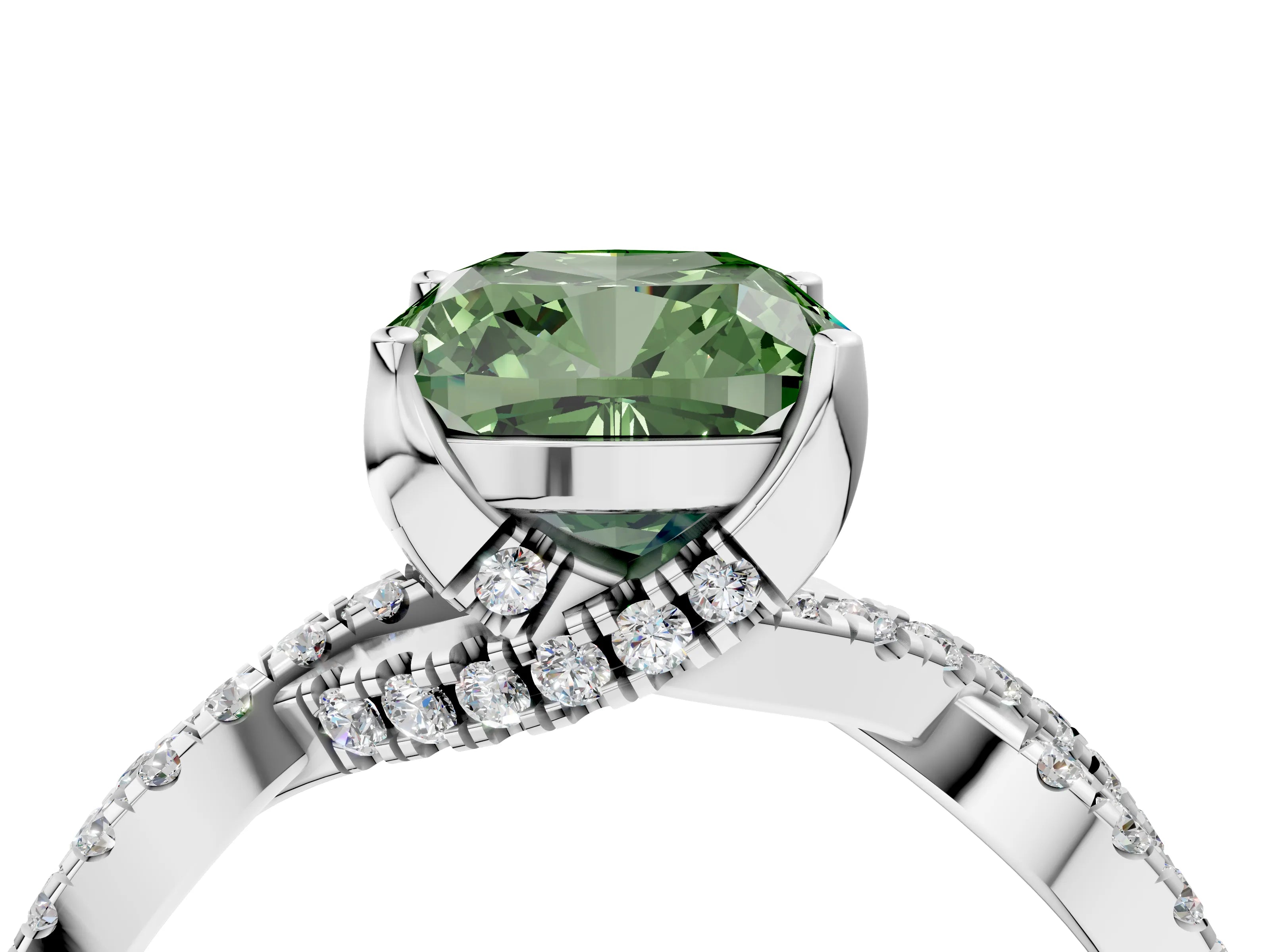 Platinum Fancy Green Cushion Cut Solitaire Twist Pave Diamond Engagement Ring with Prong Setting_46