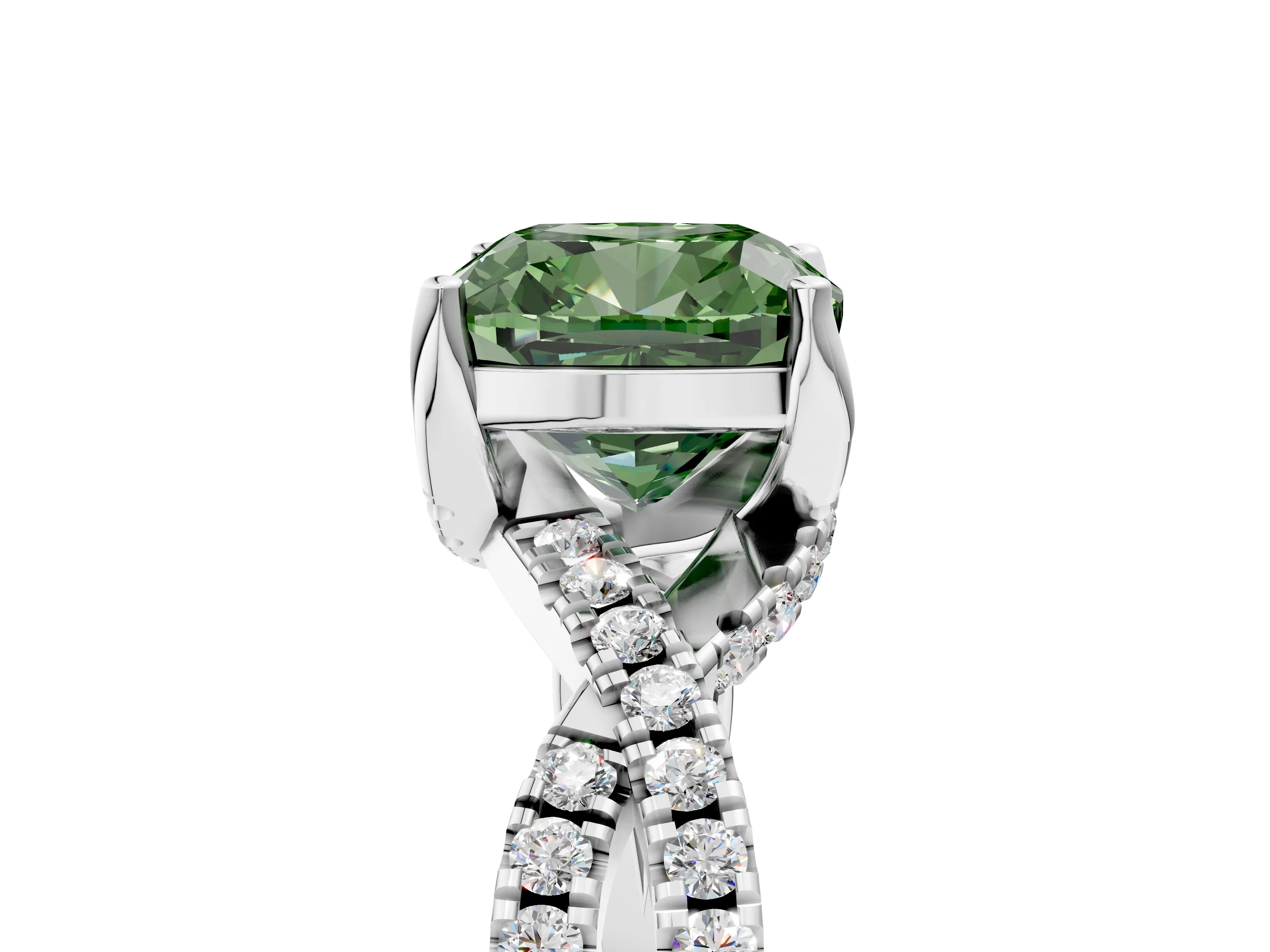 Platinum Fancy Green Cushion Cut Solitaire Twist Pave Diamond Engagement Ring with Prong Setting_47