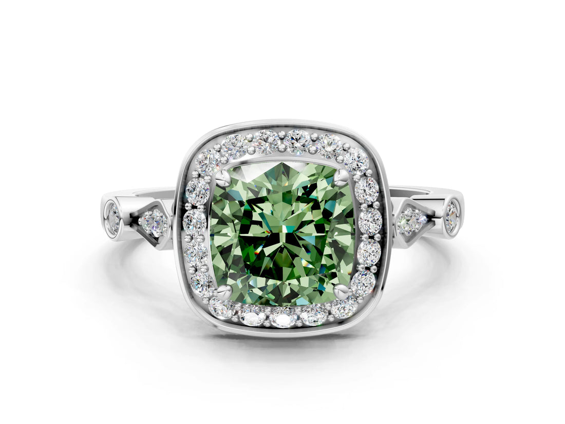 Platinum Fancy Green Cushion  Halo Diamond Engagement Ring with Twisted Band and Four-Prong Setting 1