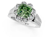 Platinum Fancy Green Cushion  Halo Diamond Floral Split Shank Engagement Ring 1