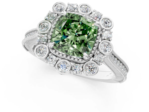 Platinum Fancy Green Cushion  Halo Milgrain Pave Diamond Ring with Four-Prong Setting