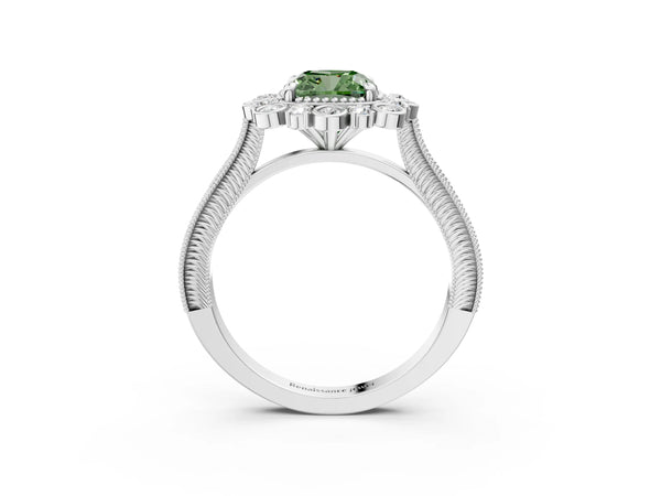 Platinum Fancy Green Cushion  Halo Milgrain Pave Diamond Ring with Four-Prong Setting