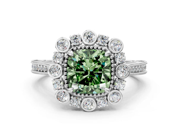 Platinum Fancy Green Cushion  Halo Milgrain Pave Diamond Ring with Four-Prong Setting