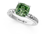 Platinum Fancy Green Cushion  Solitaire Diamond Engagement Ring with XO Engraved Band and Four-Prong Setting 1